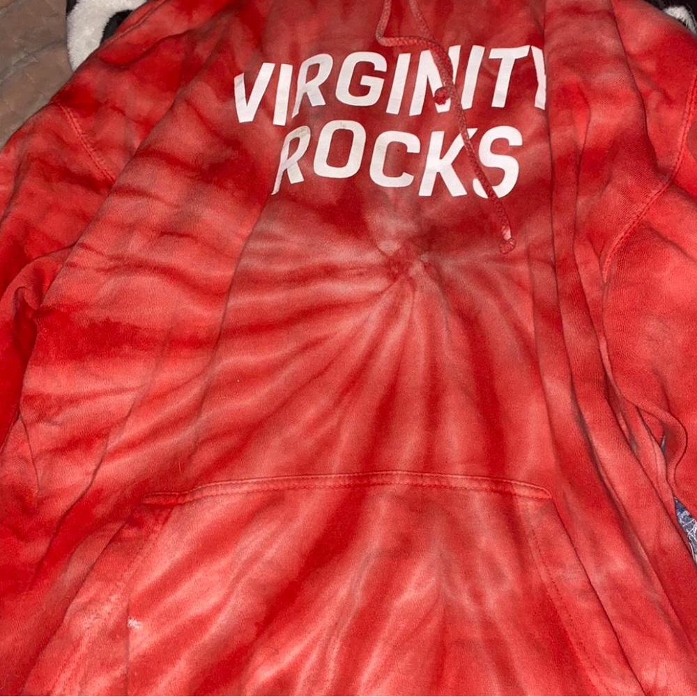 Virginity rocks tie dye hoodie red by Danny Duncan